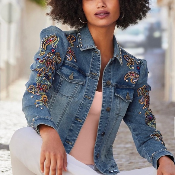 Boston Proper Paisley Embroidered & Embellished Puff Sleeve Denim Jacket - Picture 3 of 12